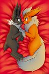 2015 augustus_(uploadingglaceon) bed black_fur candyfoxy claws collar couple cute duo eeveelution fan_character female feral flareon fur green_eyes jolteon laurel_wreath long_tail love lying male male/female nintendo on_side open_mouth pok&eacute;mon puffy_tail romantic shira_(cyberjolteon) smile video_games white_fur yellow_fur 