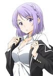  1girl braid breasts cleavage jacket odagiri_nene purple_eyes purple_hair school_uniform short_hair simple_background solo yamada-kun_to_7-nin_no_majo 