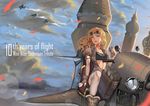  aircraft airship blonde_hair blue_eyes breasts cloud deras elbow_gloves flying gloves goggles goggles_on_head long_hair looking_at_viewer open_mouth original pouch riding sky small_breasts solo thighhighs 