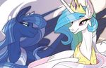  2015 blue_eyes blue_hair crown duo equine eyeshadow famosity female friendship_is_magic gold_(metal) hair horn makeup mammal my_little_pony necklace princess_celestia_(mlp) princess_luna_(mlp) purple_eyes sibling sisters winged_unicorn wings 