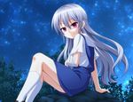  dress female grisaia_(series) grisaia_no_kajitsu grisaia_no_rakuen highres kazami_kazuki long_hair night red_eyes short_sleeves silver_hair sitting smile solo star stars tree very_long_hair white_legwear 