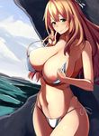  8gou areola_slip areolae atago_(kantai_collection) blonde_hair blush breasts finger_to_mouth hat inverted_nipples kantai_collection large_breasts long_hair looking_at_viewer nipples smile solo 