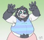  2018 anthro bear belly black_nose blue_eyes clothing greenbeanyeen male mammal moobs nipples overweight overweight_male panda pants shirt simple_background solo 