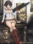  bayonet bazooka black_hair blue_eyes boots breasts brown_gloves cleavage cross-laced_footwear desk devil_may_cry devil_may_cry_4 gloves heterochromia highres holster knee_boots kneehighs lace-up_boots lady_(devil_may_cry) large_breasts navel no_bra red_eyes scar short_hair short_shorts shorts shoulder_holster sitting smile solo spike_wible thigh_gap watermark weapon web_address 