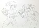  alternate_costume bike_shorts boxing boxing_gloves boxing_shorts bruise character_request commentary_request destroyer_hime greyscale injury kantai_collection monochrome motion_blur multiple_girls ponytail shinkaisei-kan shiranui_(kantai_collection) short_hair shorts sports_bra traditional_media tyatyasaburou wince 