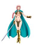  1girl armor bikini_armor braid breasts cape female gladiator gloves large_breasts long_hair looking_at_viewer navel one_piece pink_hair rebecca_(one_piece) simple_background solo soukichi sword weapon 