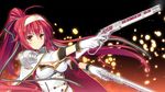  1girl blush breasts cape cleavage female game_cg gloves hair_ribbon headband highres juukishi_cutie_bullet large_breasts long_hair looking_away minami_mayu pointing ponytail red_eyes red_hair ribbon serious shoulder_pads simple_background solo standing upper_body weapon yuuki_hagure 