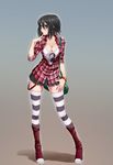  bag black_hair black_skirt blue_eyes boots breasts cleavage contrapposto finger_to_mouth handbag highres jacket medium_breasts nikita_varb open_clothes open_jacket original parted_lips shirt skirt solo standing striped striped_legwear thighhighs wrist_cuffs zettai_ryouiki 