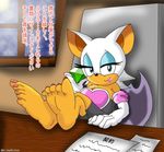  1girl barefoot chair desk feet green_eyes legs_crossed lipgloss looking_at_viewer nail_polish pov pov_feet rouge_the_bat sitting soles sonic_the_hedgehog toes translated 