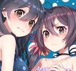  &gt;:( akebono_(kantai_collection) bangs bell black_hair blue_background blush brown_eyes choker flower frown hair_bell hair_between_eyes hair_flower hair_ornament jingle_bell kantai_collection long_hair mika_pikazo multiple_girls one-piece_swimsuit polka_dot polka_dot_swimsuit purple_eyes purple_hair side_ponytail swimsuit ushio_(kantai_collection) v-shaped_eyebrows water wavy_mouth wet 