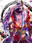  akabane_(zebrasmise) blue_eyes breasts cleavage cover_image floral_print japanese_clothes katana long_hair medium_breasts moeru!_jiten moeru!_nihoutou_jiten original ponytail purple_hair solo sword weapon 