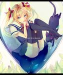  animal blonde_hair blue_eyes cat gradient gradient_background grisaia_(series) grisaia_no_kajitsu grisaia_no_rakuen highres matsushima_michiru school_uniform socks thighhighs twintails water 