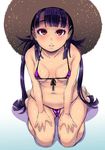  bangs bikini blunt_bangs breasts collarbone covered_nipples gradient gradient_background hair_ribbon harurun hat long_hair looking_at_viewer micro_bikini navel original parted_lips purple_bikini purple_eyes purple_hair ribbon seiza simple_background sitting small_breasts solo sun_hat swimsuit twintails 