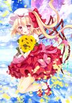  blonde_hair blush bow feathered_wings flandre_scarlet flower hat hat_bow mary_janes mob_cap moon open_mouth petals red_eyes red_moon rikatan sash shoes side_ponytail solo standing standing_on_liquid touhou wings 