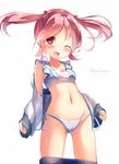  ;d bikini blush bunny dated hair_bobbles hair_ornament kantai_collection long_sleeves na!?_(naxtuyasai) navel one_eye_closed open_mouth pink_hair sazanami_(kantai_collection) short_twintails side-tie_bikini smile solo swimsuit twintails twitter_username undressing white_background 