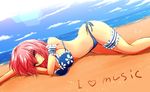  arm_cuffs backlighting beach bikini blue_sky breasts cloud day english floral_print head_on_arm heart hips large_breasts legs lens_flare lying navel nekominase ocean on_side outdoors perspective pink_eyes pink_hair saigyouji_yuyuko sand sky smile solo sparkle stomach swimsuit thigh_strap thighs touhou 