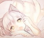  animal_ears bed_sheet cat_ears cat_tail fangs green_eyes looking_at_viewer okayu_(headless) open_mouth pale_color panties sanya_v_litvyak short_hair side-tie_panties silver_hair solo strike_witches tail top-down_bottom-up underwear white_panties world_witches_series 