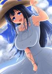  1girl black_hair blue_eyes blush breasts cloud dress halo hat large_breasts long_hair looking_at_viewer open_mouth ponpo ryouki_(senran_kagura) senran_kagura sky smile sun_hat tagme wet 