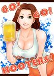  :q alcohol artist_request beer beer_mug breasts cleavage clothes_writing cup employee_uniform holding holding_cup hooters large_breasts no_legwear short_hair short_shorts shorts smile solo tongue tongue_out uniform waitress 