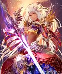  armor breasts brown_eyes cleavage cleavage_cutout company_name dark_skin fantasy gauntlets greaves hair_ornament horns kazto_furuya long_hair medium_breasts midriff official_art shingoku_no_valhalla_gate shoulder_spikes solo spikes sword weapon white_hair 