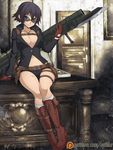  alternate_color bayonet belt black_hair boots breasts cleavage devil_may_cry devil_may_cry_4 gloves gun heterochromia kneehighs lady_(devil_may_cry) looking_at_viewer midriff navel necklace no_bra open_clothes scar short_hair short_shorts shorts sitting solo spike_wible spikewible sunglasses weapon 