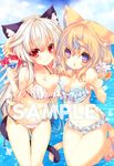  animal_ear_fluff animal_ears asymmetrical_docking bad_id bad_pixiv_id bell bikini breast_press breasts brown_hair cat_ears cleavage cocktail_glass cup drink drinking_glass groin hair_ornament hairclip hug intertwined_tails jingle_bell large_breasts long_hair multiple_girls navel ocean original p19 purple_eyes red_eyes ribbon sample sandals side-tie_bikini silver_hair smile swimsuit tail thigh_gap untied 