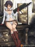  bayonet bazooka black_hair blue_eyes boots breasts brown_gloves cleavage cross-laced_footwear desk devil_may_cry devil_may_cry_4 glasses gloves heterochromia highres holster knee_boots kneehighs lace-up_boots lady_(devil_may_cry) large_breasts navel no_bra red_eyes rimless_eyewear scar shooting_glasses short_hair short_shorts shorts shoulder_holster sitting smile solo spike_wible sunglasses thigh_gap watermark weapon web_address 