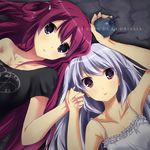  aqua_hair blue_eyes dress grisaia_(series) grisaia_no_kajitsu grisaia_no_rakuen hair_rings hand_holding kazami_kazuki kneehighs loafers long_hair multiple_girls red_eyes red_hair shoes suou_amane twin_braids very_long_hair white_legwear 