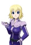  blonde_hair blue_eyes gingasansan gundam gundam_side_story:_from_place_beyond_the_blaze hand_on_hip jewelry lilia_flaubert pilot_suit simple_background smile solo 