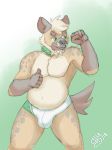  2018 anthro belly bulge clothing green_eyes greenbeanyeen humanoid_hands hyena male mammal moobs navel overweight overweight_male simple_background solo underwear 