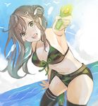  alice-yuki bikini brown_hair camouflage camouflage_bikini folded_hair gakkou_gurashi! long_hair looking_at_viewer smile solo swimsuit thighhighs wakasa_yuuri water water_gun 