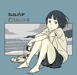  1girl album_cover arm bangs barefoot beach black_shorts cloud clouds cover digital_media_player feet hand_on_shoulder headphones hosoo knees_up monochrome mp3_player nike ocean original rock rocks sea shoes shore shorts sitting sneakers solo translation_request waves 