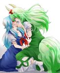  blue_dress blue_hair breasts cleavage dress dual_persona ex-keine green_dress green_hair horn_ribbon horns kamishirasawa_keine long_hair medium_breasts multiple_girls no_hat no_headwear red_eyes ribbon selfcest short_sleeves simple_background socks tail touhou unya white_background yuri 