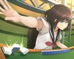  aqua_eyes bob_cut brown_hair duplicate foreshortening girder hitoto mahjong mahjong_table mahjong_tile mirror_image non-web_source onjouji_toki parted_lips saki saki_achiga-hen school_uniform serafuku short_hair solo sweat 