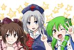  blue_eyes brown_eyes brown_hair fang frog_hair_ornament green_hair hair_ornament hair_tubes hat himekaidou_hatate kochiya_sanae multiple_girls one_eye_closed open_mouth silver_hair star starry_background tokin_hat touhou twintails unya v yagokoro_eirin yellow_eyes 