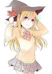  1girl blonde_hair breasts hair_ornament hat long_hair red_eyes ribbon school_uniform shiraishi_urara simple_background skirt smile solo witch_hat yamada-kun_to_7-nin_no_majo 