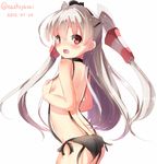  amatsukaze_(kantai_collection) ass black_bikini_bottom blush brown_eyes choker dated from_behind hair_tubes kantai_collection long_hair looking_at_viewer na!?_(naxtuyasai) open_mouth silver_hair solo thighhighs twitter_username two_side_up white_background 