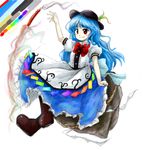  blue_hair boots bow brown_footwear color_guide food fruit full_body hat hinanawi_tenshi huyusilver long_hair official_style oota_jun'ya_(style) parody peach puffy_short_sleeves puffy_sleeves red_bow red_eyes rock rope shide shimenawa short_sleeves smile solo style_parody sword_of_hisou touhou 