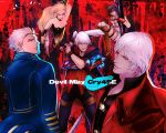  black_hair blonde_hair blue_eyes breasts cleavage commentary_request dante_(devil_may_cry) devil_may_cry devil_may_cry_4 gloves highres jacket lady_(devil_may_cry) mineco000 multiple_boys multiple_girls nero_(devil_may_cry) short_hair sword trish_(devil_may_cry) vergil weapon 
