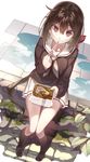 ahoge ascot bad_id bad_pixiv_id black_legwear bow box brown_hair chopsticks chopsticks_in_mouth cloud eating food hair_bow kneehighs koto_(kyousougiga) kyousougiga leaf loafers long_hair long_sleeves looking_at_viewer mayonezumi moss noodles outdoors pale_skin puddle red_bow red_eyes school_uniform serafuku shoes sitting skirt sleeves_past_wrists solo stone sweater udon very_long_hair water white_skirt 