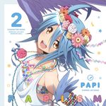  :d ahoge album_cover arm_up bandeau blue_hair blue_wings breasts character_name cover feathered_wings feathers harpy head_wreath highres jewelry monster_girl monster_musume_no_iru_nichijou necklace official_art open_mouth orange_eyes outstretched_arms papi_(monster_musume) small_breasts smile solo upper_body wings 