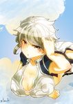  asymmetrical_wings braid breasts cleavage cloud_print jitome kantai_collection large_breasts looking_at_viewer lying midriff on_stomach open_mouth silver_hair single_braid solo toriol_3 unryuu_(kantai_collection) upper_body wavy_hair wings yellow_eyes 