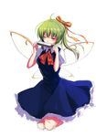 blue_dress blush bow closed_eyes colorized daiyousei dress fairy_wings green_hair hair_ornament hair_ribbon harmonica highres instrument koissa long_hair music playing_instrument puffy_sleeves ribbon short_sleeves side_ponytail simple_background sketch solo touhou white_background wings 
