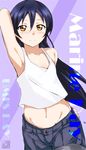  arm_behind_head armpits artist_name bad_id bad_pixiv_id banned_artist bare_shoulders blue_hair blush brown_eyes commentary_request english hair_between_eyes long_hair love_live! love_live!_school_idol_project midriff navel shorts smile solo sonoda_umi tank_top tsuti 