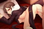  1boy 1girl all_fours ass bangs black_dress black_jacket breasts brown_hair censored consort_yu_(fate) doggystyle dress fate/grand_order fate_(series) fur-trimmed_jacket fur_trim hetero jacket long_hair looking_at_viewer looking_back medium_breasts penis pillow pussy red_eyes sex solo_focus thighs top-down_bottom-up underboob vaginal very_long_hair zen_o 