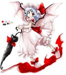  bat_wings closed_umbrella color_guide full_body hat hat_ribbon huyusilver long_skirt mob_cap official_style oota_jun'ya_(style) parody pink_skirt pink_wings red_eyes remilia_scarlet ribbon short_hair simple_background skirt skirt_set smile socks solo style_parody touhou umbrella white_background wings 