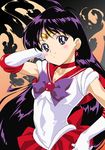  bishoujo_senshi_sailor_moon black_hair blush bow choker earrings elbow_gloves fiery_background fire gloves hand_to_head hino_rei jewelry long_hair magical_girl oku_yukihide pleated_skirt purple_bow purple_eyes red_bow red_sailor_collar red_skirt sailor_collar sailor_mars sailor_senshi_uniform skirt smile solo star star_earrings tiara upper_body white_gloves 