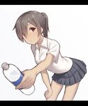  blush bottle brown_hair giving hand_on_own_thigh looking_at_viewer mikazuchi_zeus original pleated_skirt polo_shirt ponytail red_eyes school_uniform short_hair skirt solo water water_bottle 