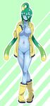  ahoge arm_behind_back blue_skin boots breasts coat full_body goo_girl green_eyes green_hair hand_on_own_chest highres large_breasts long_hair misopetha-menos monster_girl monster_musume_no_iru_nichijou navel nipples open_clothes open_coat raincoat rubber_boots smile solo suu_(monster_musume) tentacle_hair transparent very_long_hair yellow_footwear 