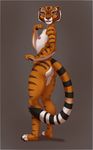  anthro character_from_animated_feature_film clothed clothing dreamworks embarrassed feline female flat_chested fur gorsh_dolderan kung_fu_panda looking_at_viewer mammal master_tigress orange_eyes orange_fur simple_background solo standing tiger 